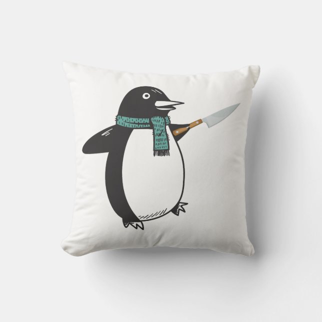 Cojín Decorativo Pingüino con una camiseta de cuchillo (Anverso)