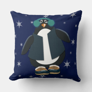 Cojín Decorativo Pingüino Cool   Copos de Nieve en el Cielo Nocturn