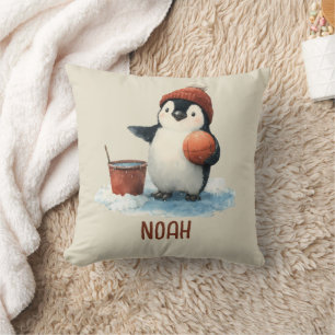 Cojín Decorativo Pingüino de Baloncesto de Invierno Personalizado N