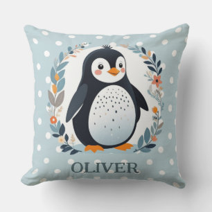 Cojín Decorativo Pinguino de dibujos animados lindo y flores 