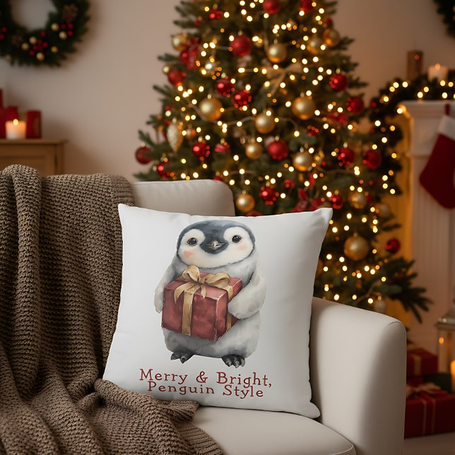 Cojín Decorativo Pinguino de Navidad Alegre y Brillante (Subido por el creador)