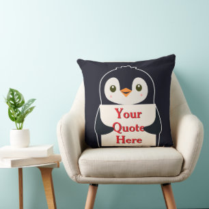Cojín Decorativo Pingüino feliz sosteniendo un cartel para personal