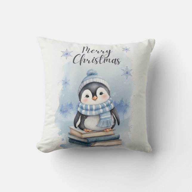 Cojín Decorativo Pingüino Navidades de acuarela (Anverso)