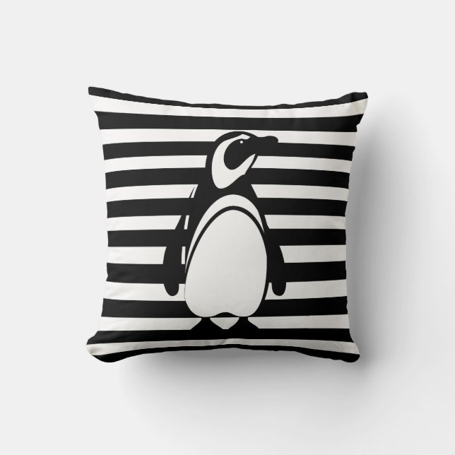 Cojín Decorativo Pingüino negro y blanco y rayas (Anverso)