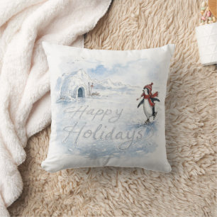 Cojín Decorativo Pingüino Patinando Felices Fiestas