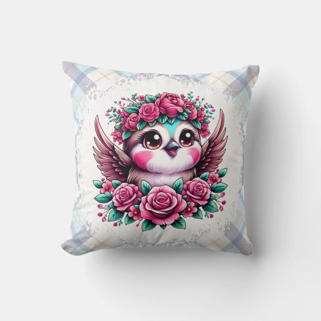Cojín Decorativo Pingüino volador con rosas rosas rosas rosas (Anverso)