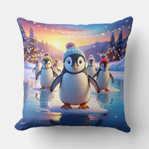Cojín Decorativo Pingüinos Adorables con Gorros de Invierno en Hiel