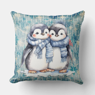Cojín Decorativo Pingüinos de acuarela azul invernal con escarabajo