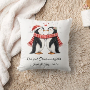 Cojín Decorativo Pingüinos Románticos Pareja Navidad Personalizada