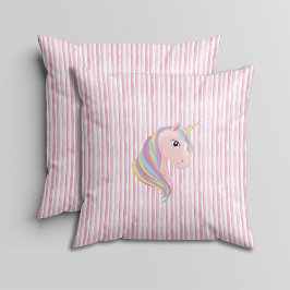 Cojín Decorativo Pink and White Watercolor Stripes with Unicorn 