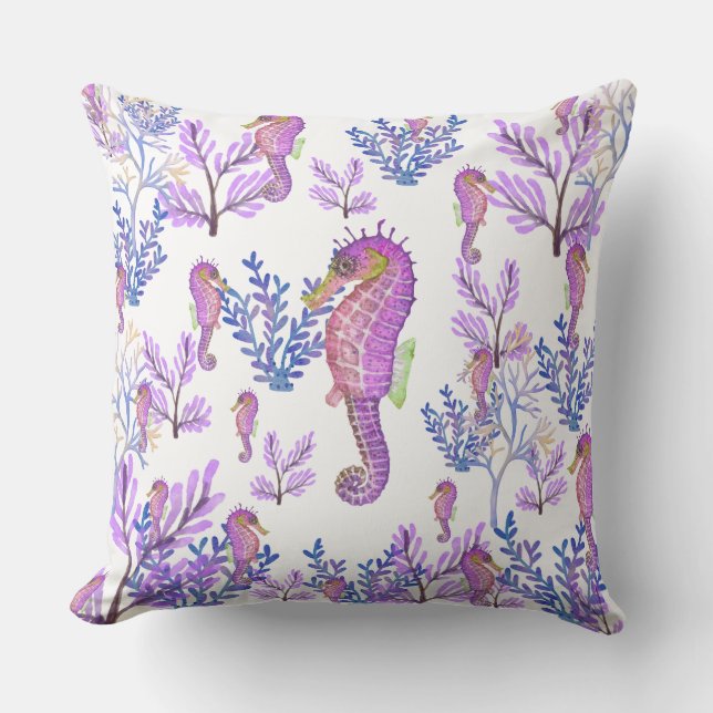 Cojín Decorativo Pink Blue Purple Seahorse Coral Beach Coastal (Anverso)