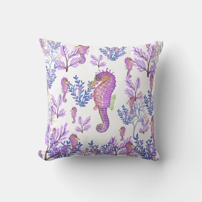 Cojín Decorativo Pink Blue Purple Seahorse Coral Beach Coastal (Anverso)