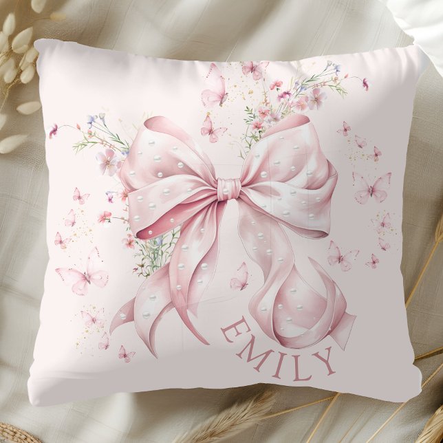 Cojín Decorativo Pink Bow Pearls Coquette Girly (Elegant Pink Bow Pearls and Floral Girly Pillow)