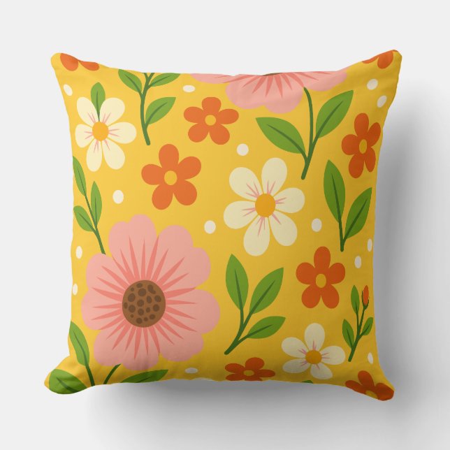 Cojín Decorativo Pink, cream & Orange Flowers with Green Leaves (Anverso)