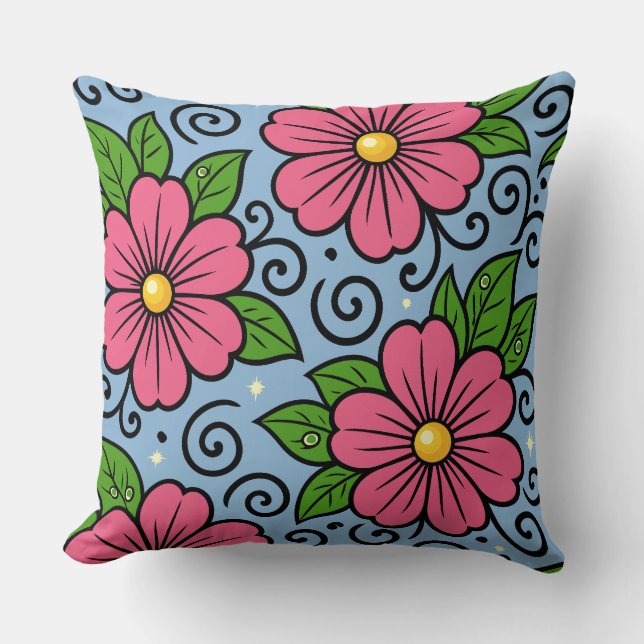 Cojín Decorativo Pink Florals with Green Leaves and Curved Details (Anverso)