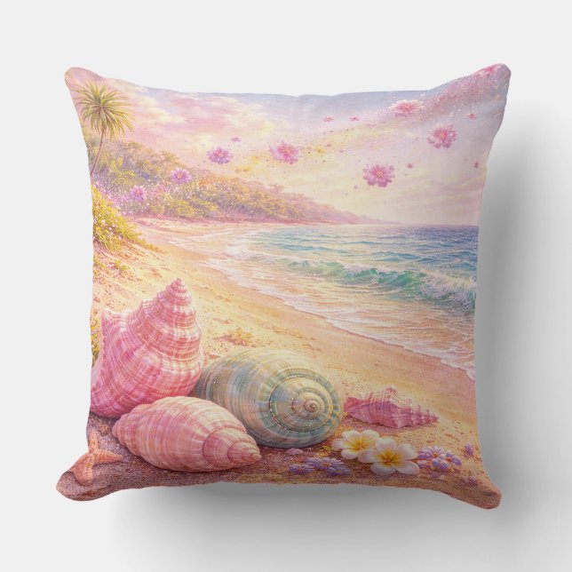 Cojín Decorativo Pink Ocean Beach Shells Flowers Fantasy Landscape (Anverso)
