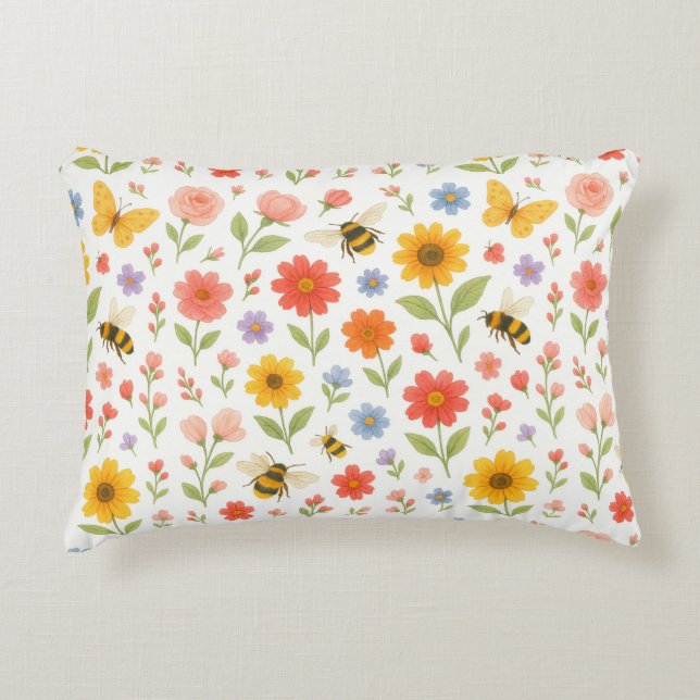 Cojín Decorativo Pink Orange Yellow Floral and Bee Pattern  (Anverso)