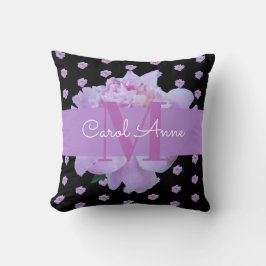 Cojín Decorativo Pink Peony Floral Monograma Morado Negro