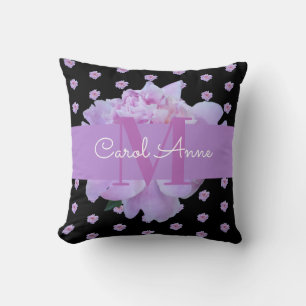 Cojín Decorativo Pink Peony Floral Monograma Morado Negro