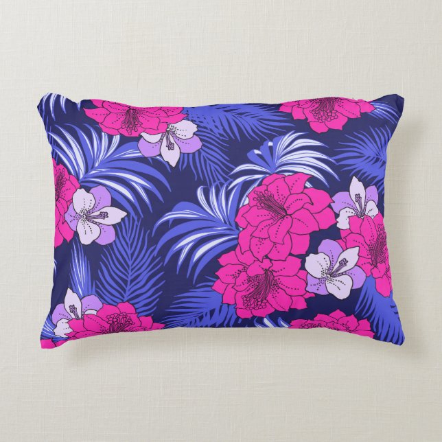 Cojín Decorativo Pink & Purple Tropical - Un diseño de hibisco bril (Anverso)