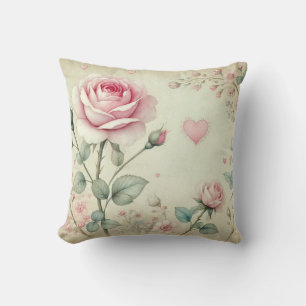 Cojín Decorativo Pink rosa corazón floral vintage color de agua pas