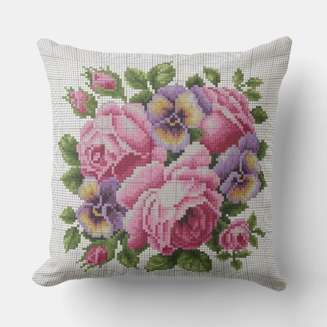 Cojín Decorativo Pink Rose Floral Cross Stitch Throw Pillow (Anverso)