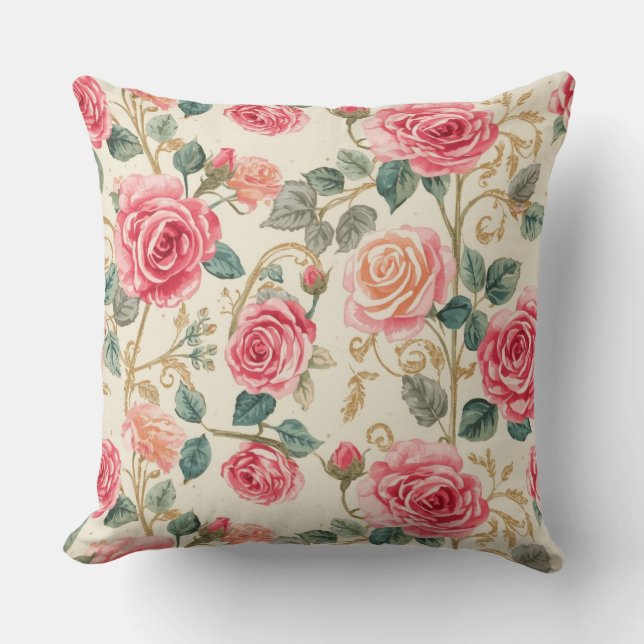 Cojín Decorativo Pink Rose Flowers Pattern, Beautiful, Elegant (Anverso)