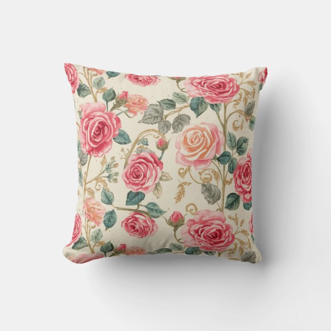Cojín Decorativo Pink Rose Flowers Pattern, Beautiful, Elegant (Anverso)