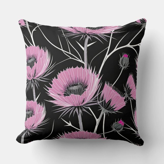 Cojín Decorativo Pink Thistle sobre negro (Anverso)