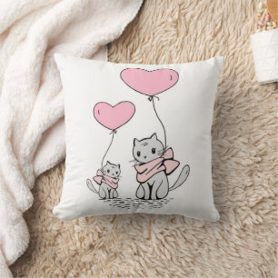 COJÍN DECORATIVO PINK VALENTINE HEART BALLOONES CON KITTENS GRIS