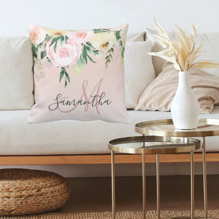 Cojín Decorativo Pink y Flores Pastel Modernos Con Nombre