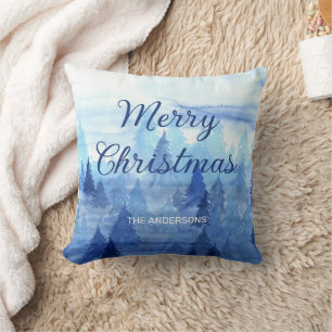 Cojín Decorativo Pinos acuarela azul Navidad Feliz Navidad