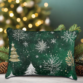 Cojín Decorativo Pinos dorados Copos de nieve plateados Hunter Gree