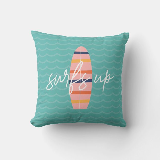 Cojín Decorativo Pinta de surf rosa y olas (Anverso)