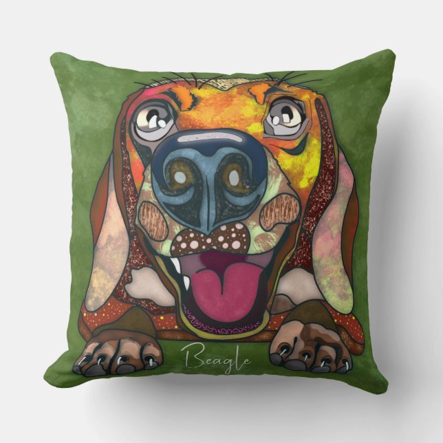 Cojín decorativo pintado a mano en Beagle (Anverso)