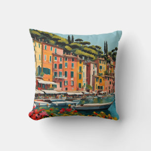 Cojín Decorativo Pintado de paisaje marino mediterráneo de Portofin