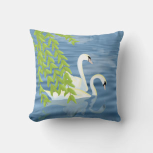 Cojín Decorativo Pintando la pareja azul y verde de cisnes en el la