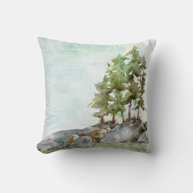 Cojín Decorativo Pintura acuarela de rocas y pinos (Anverso)