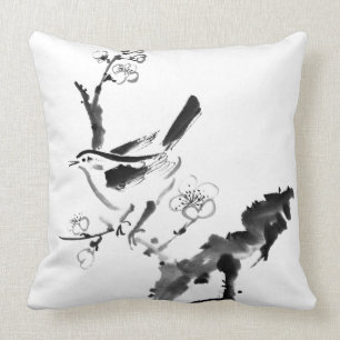 Cojín Decorativo Pintura china, flor del ciruelo y pájaro