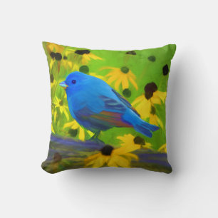 Cojín Decorativo Pintura de amarre índigo - Arte original de aves