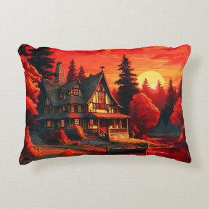 Cojín Decorativo Pintura de atardecer con cabaña y lago