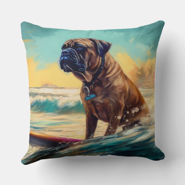 Cojín Decorativo Pintura de Bullmastiff Beach Surfing (Reverso )