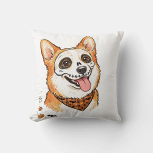 Cojín Decorativo Pintura de Cara de Esqueleto Adorable Corgi Hallow