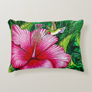 Cojín Decorativo Pintura de color de agua de Hummingbird Hibiscus