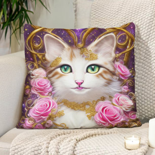 Cojín Decorativo Pintura de Gatos Rosas Doradas
