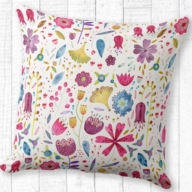 Cojín Decorativo Pintura de hembra silvestre acuarela (Watercolor floral wildflower pattern throw pillow)