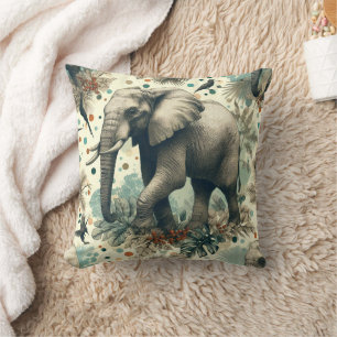 Cojín Decorativo Pintura de la selva de Elefante Vintage