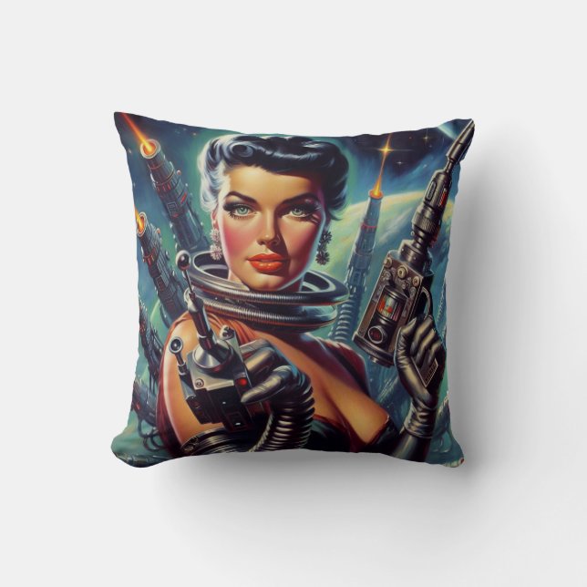 Cojín Decorativo Pintura de mujer de ciencia ficción retro (Anverso)