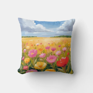 Cojín Decorativo Pintura de paisaje de campo de flores acuarela
