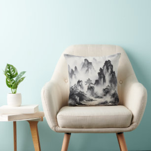 Cojín Decorativo Pintura de paisaje montañoso con tinta